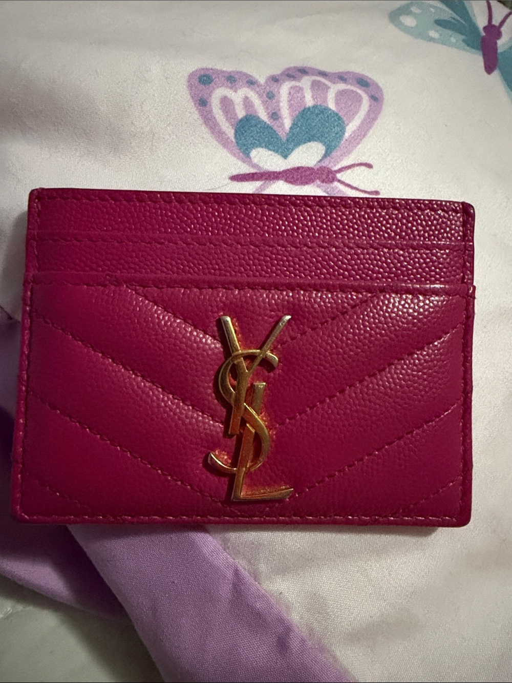 Saint Laurent Fuchsia Quilted Card Case with Gold YSL Emblem